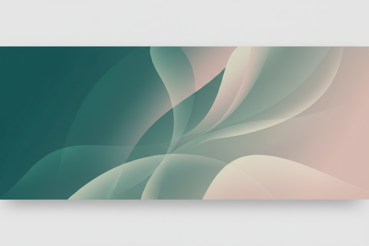 Bandeau horizontal moderne avec un dégradé fluide et harmonieux entre un vert sarcelle profond et un beige rosé doux, transition progressive et élégante, style minimaliste et premium, arrière-plan abstrait avec formes organiques légères, lumière douce, rendu propre et professionnel, idéal pour un site web ou une landing page, haute résolution, design contemporain