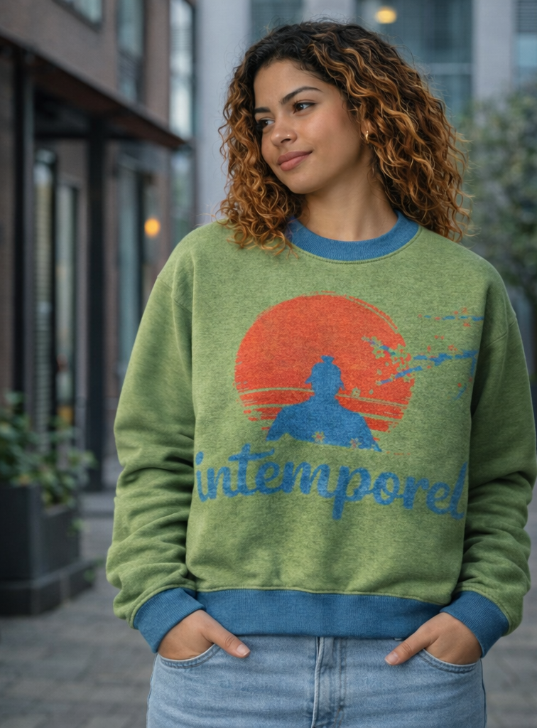 Sweat tricoté unisexe bleu et vert « Intemporel » – col ras du cou