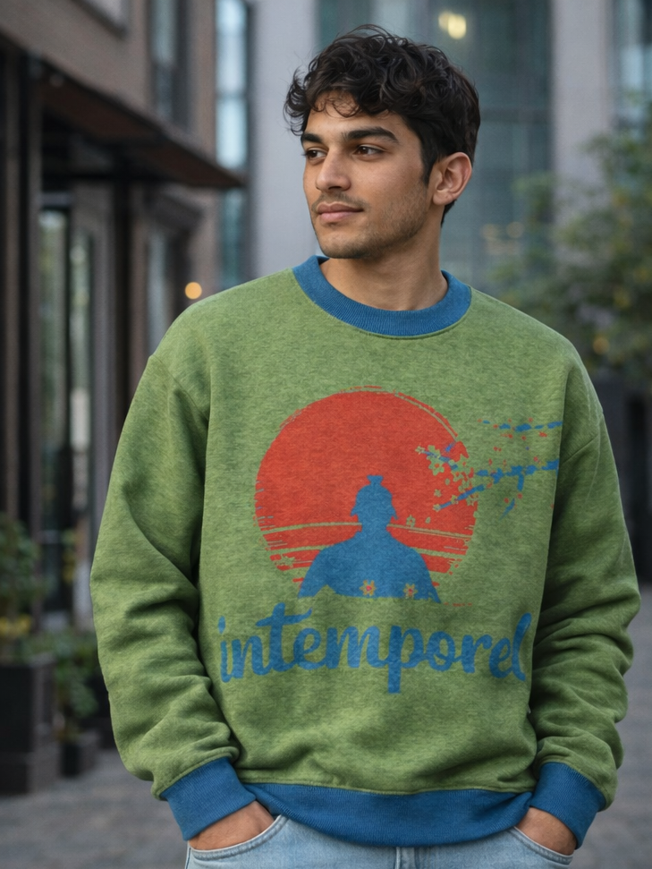 Sweat tricoté unisexe bleu et vert « Intemporel » – col ras du cou