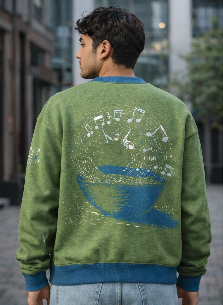 Sweat tricoté unisexe bleu et vert « Intemporel » – col ras du cou