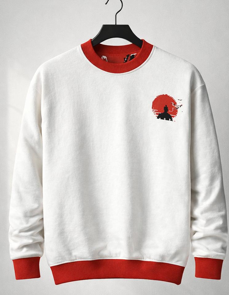 Sweat tricoté unisexe blanc et rouge – col ras du cou, envol graphique au dos