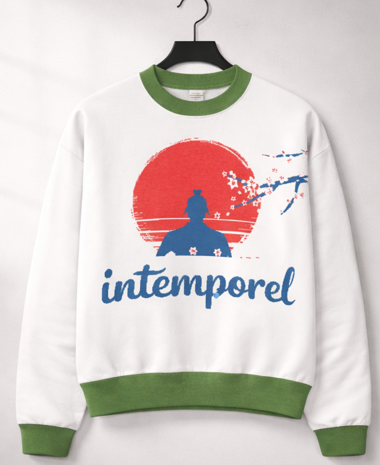 Sweat tricoté unisexe blanc et vert « Intemporel » – col ras du cou