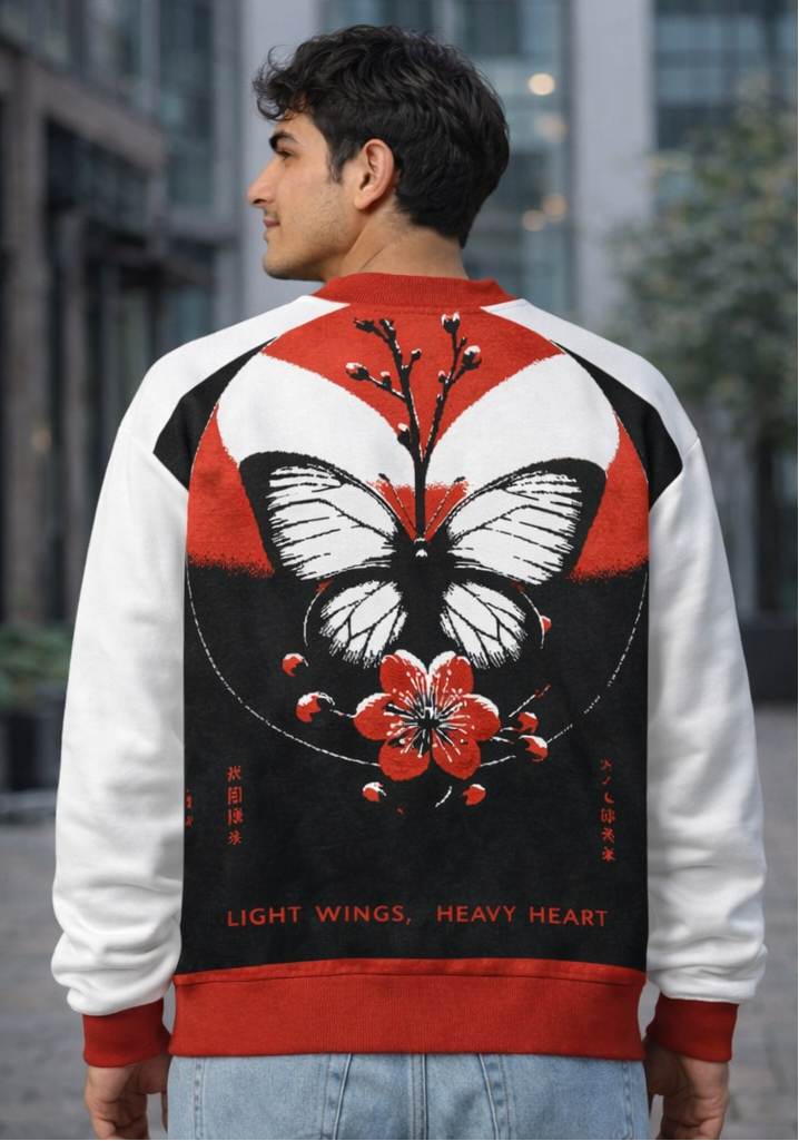 Sweat tricoté unisexe blanc et rouge – col ras du cou, envol graphique au dos